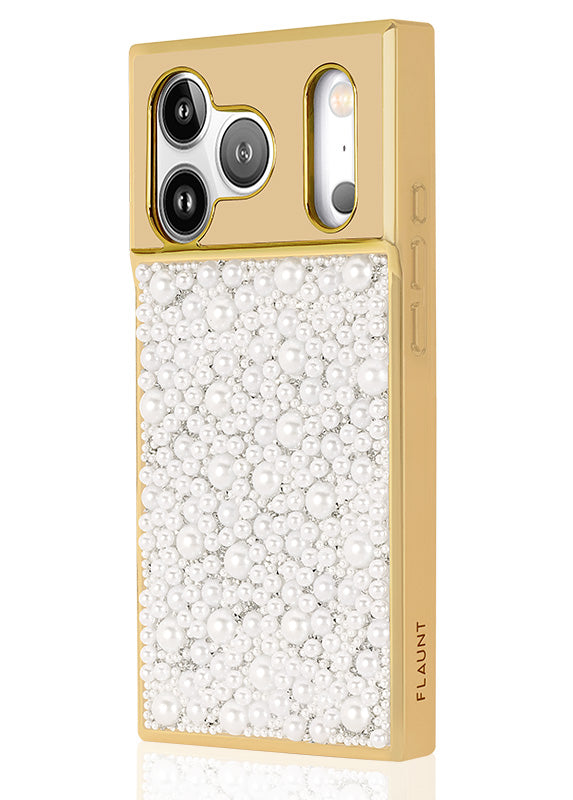 Elite Collection - SQUARE® Gold Metallic Embellished Faux Pearl iPhone Case (Not MagSafe Compatible)