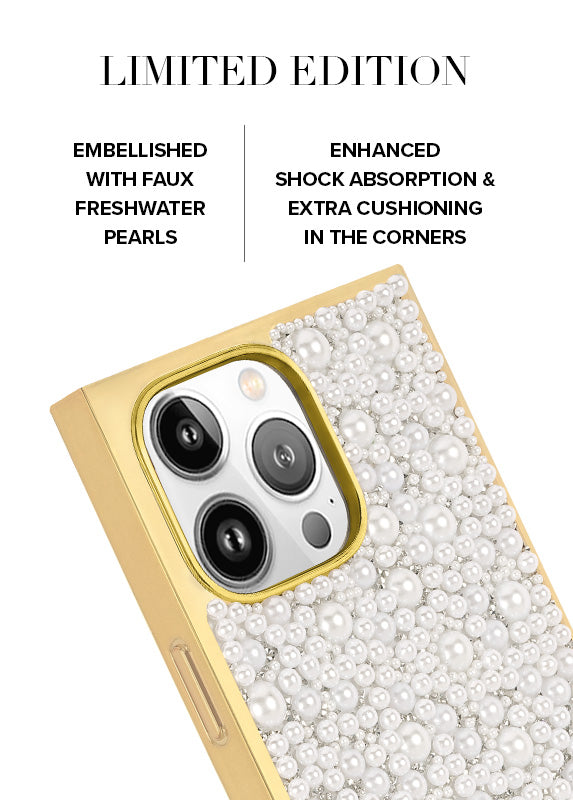 Elite Collection - SQUARE® Gold Metallic Embellished Faux Pearl iPhone Case (Not MagSafe Compatible)