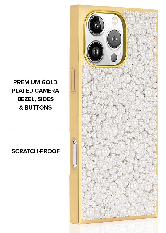 Elite Collection - SQUARE® Gold Metallic Embellished Faux Pearl iPhone Case (Not MagSafe Compatible)