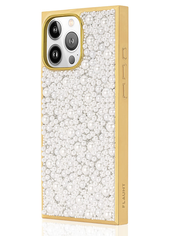 Elite Collection - SQUARE® Gold Metallic Embellished Faux Pearl iPhone Case (Not MagSafe Compatible)