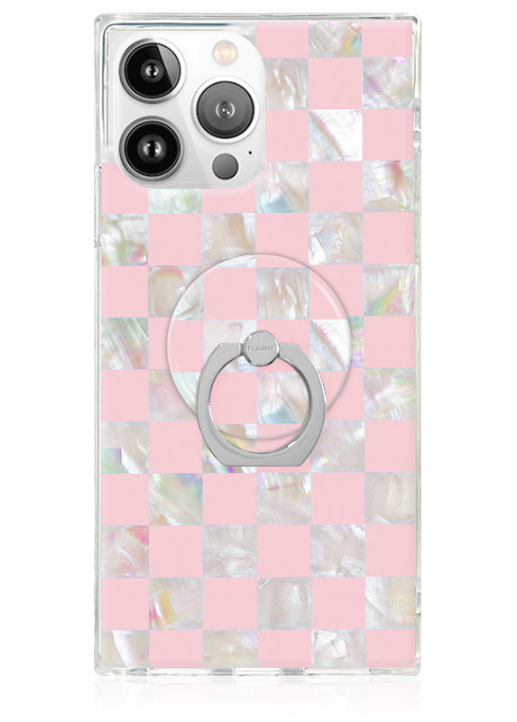 Pink Checkered Mother of Pearl Adhesive Phone Ring Stand